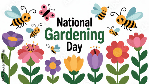 Colorful flowers and bees illustration for national gardening day with vibrant blooms and busy bees in a lively garden scene