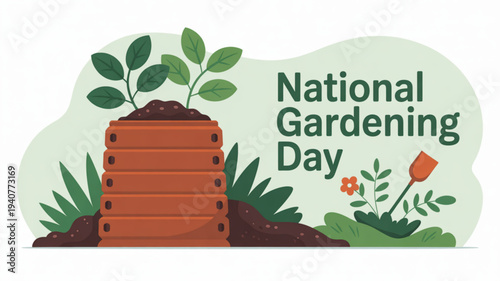 National gardening day illustration featuring wooden planter with green plants and gardening tools on soil background