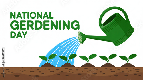 National gardening day illustration with green watering can nurturing young seedlings in soil
