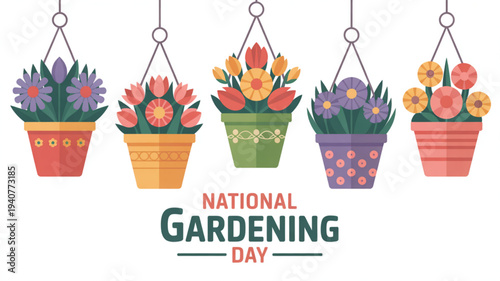 Colorful hanging flower pots with vibrant blooms celebrating national gardening day in a playful illustration
