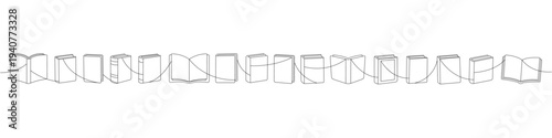 Minimalist line art of a long row of open and closed books connected by one continuous flowing line