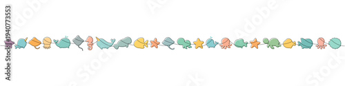 Continuous-line marine illustration with turtle, whale, narwhal, seahorse and jellyfish. Cute colorful ocean silhouettes