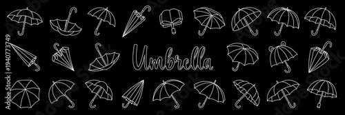 White outline umbrella collection on black background, seamless vector pattern of open and folded umbrellas for modern decor