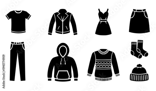 Clothes icon set with t shirt jacket dress jeans and fashion apparel symbols