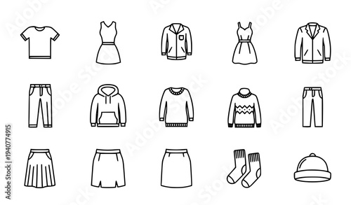 Clothing icons set with t shirt jacket dress and wardrobe symbols