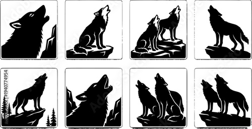 Silhouette vector wolves howling in different poses set of six animals on rocks and cliffs close up black collection side