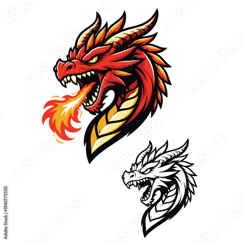Angry Dragon Head Mascot Logo Vector Illustration Breathing Fire with Bold Lines and Flat Colors for Esport