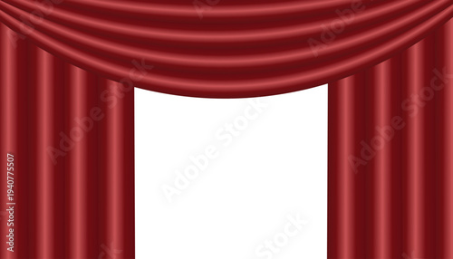 Red theater stage curtains isolated on white background.