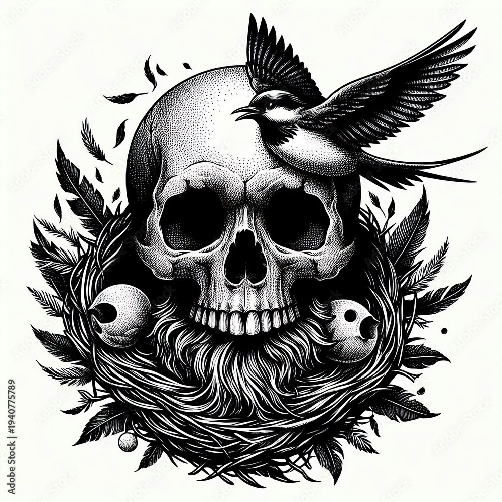 Fototapeta premium Human Skull with Bird Nest