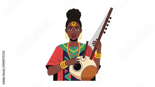 Woman playing traditional stringed instrument with intricate designs and colorful attire