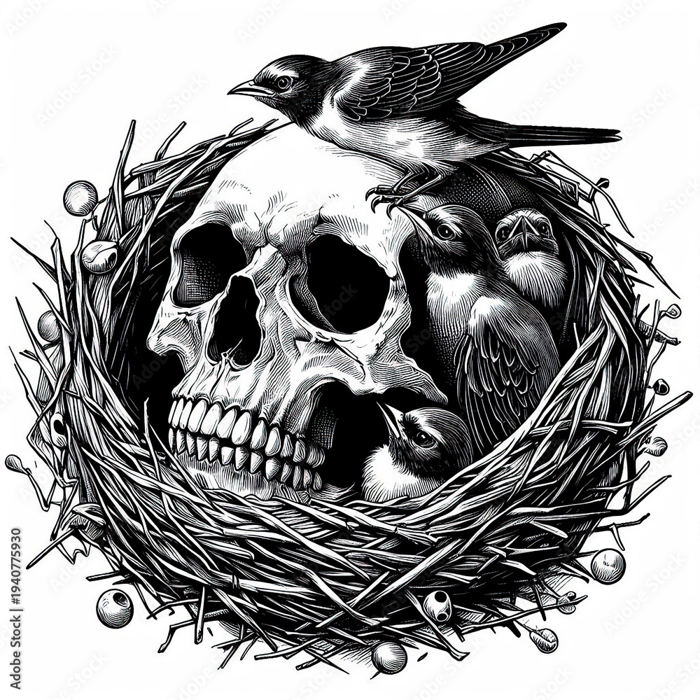 Obraz premium Human Skull with Bird Nest