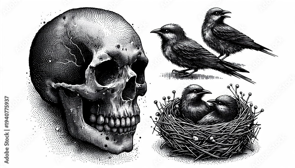 Fototapeta premium Human Skull with Bird Nest