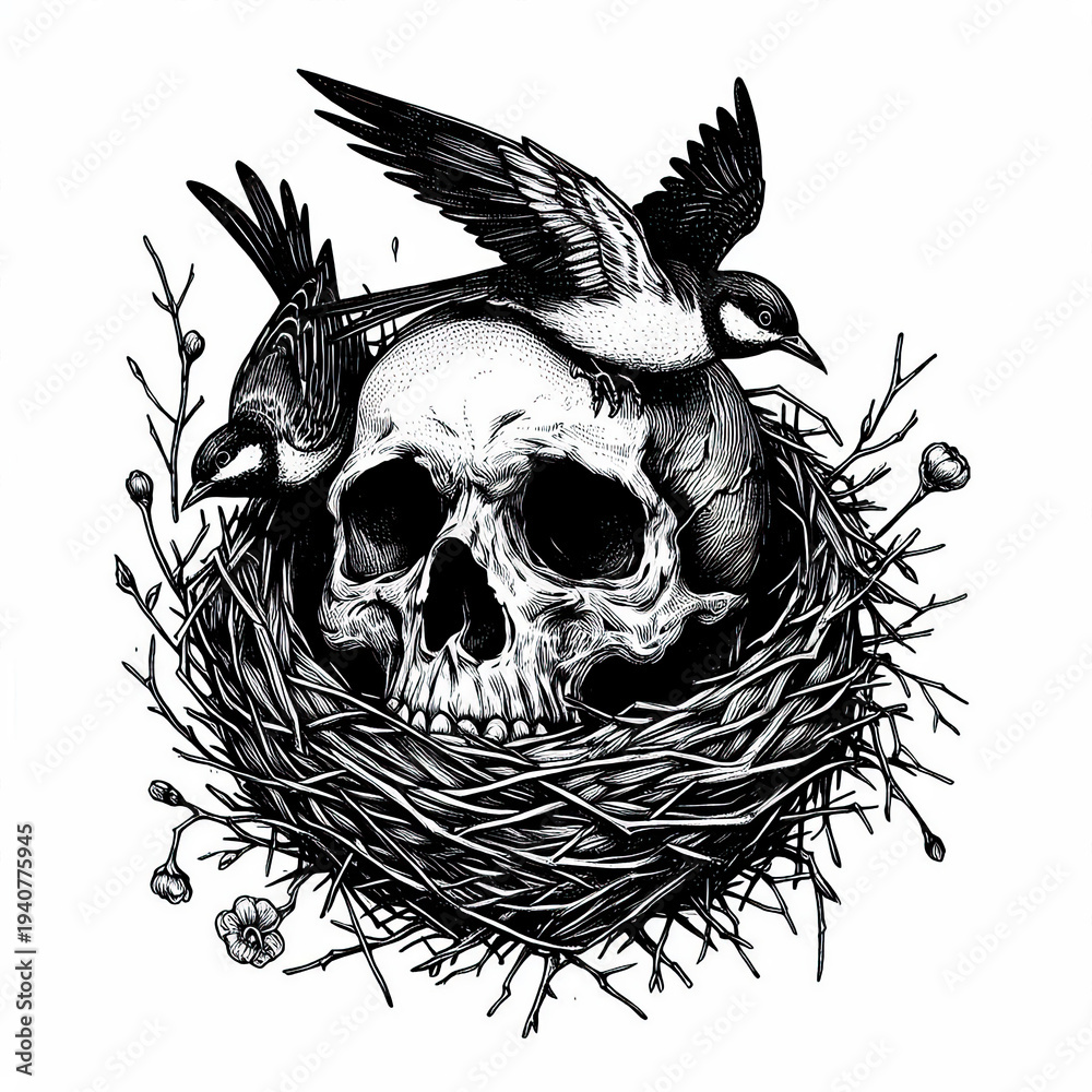 Fototapeta premium Human Skull with Bird Nest
