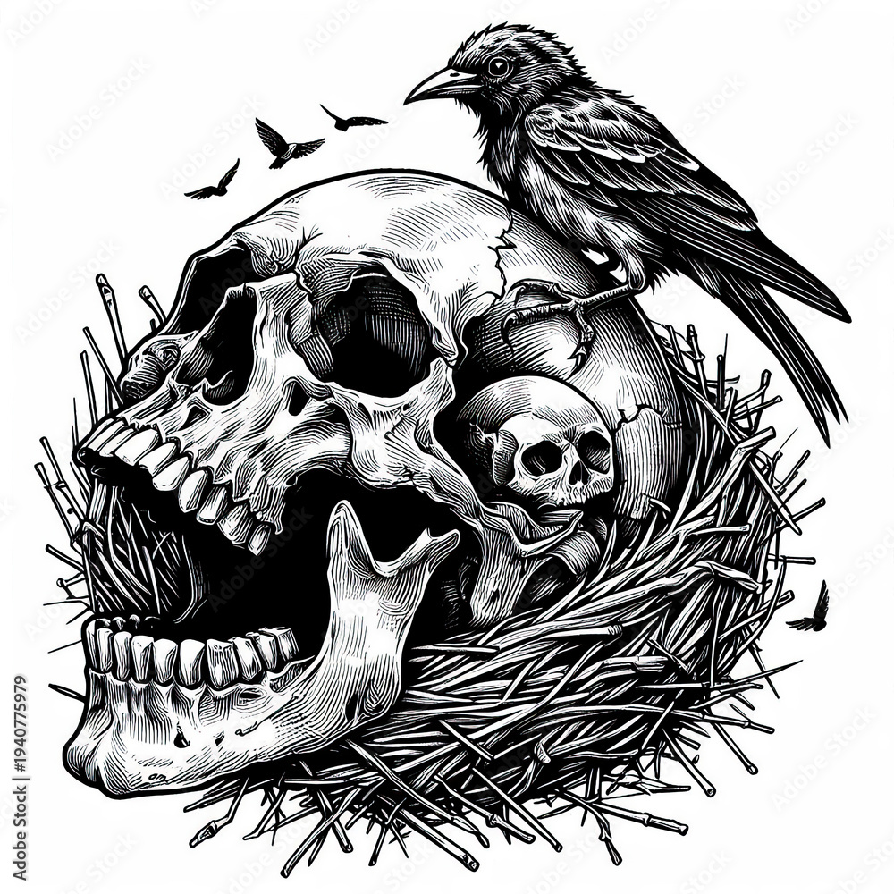 Fototapeta premium Human Skull with Bird Nest