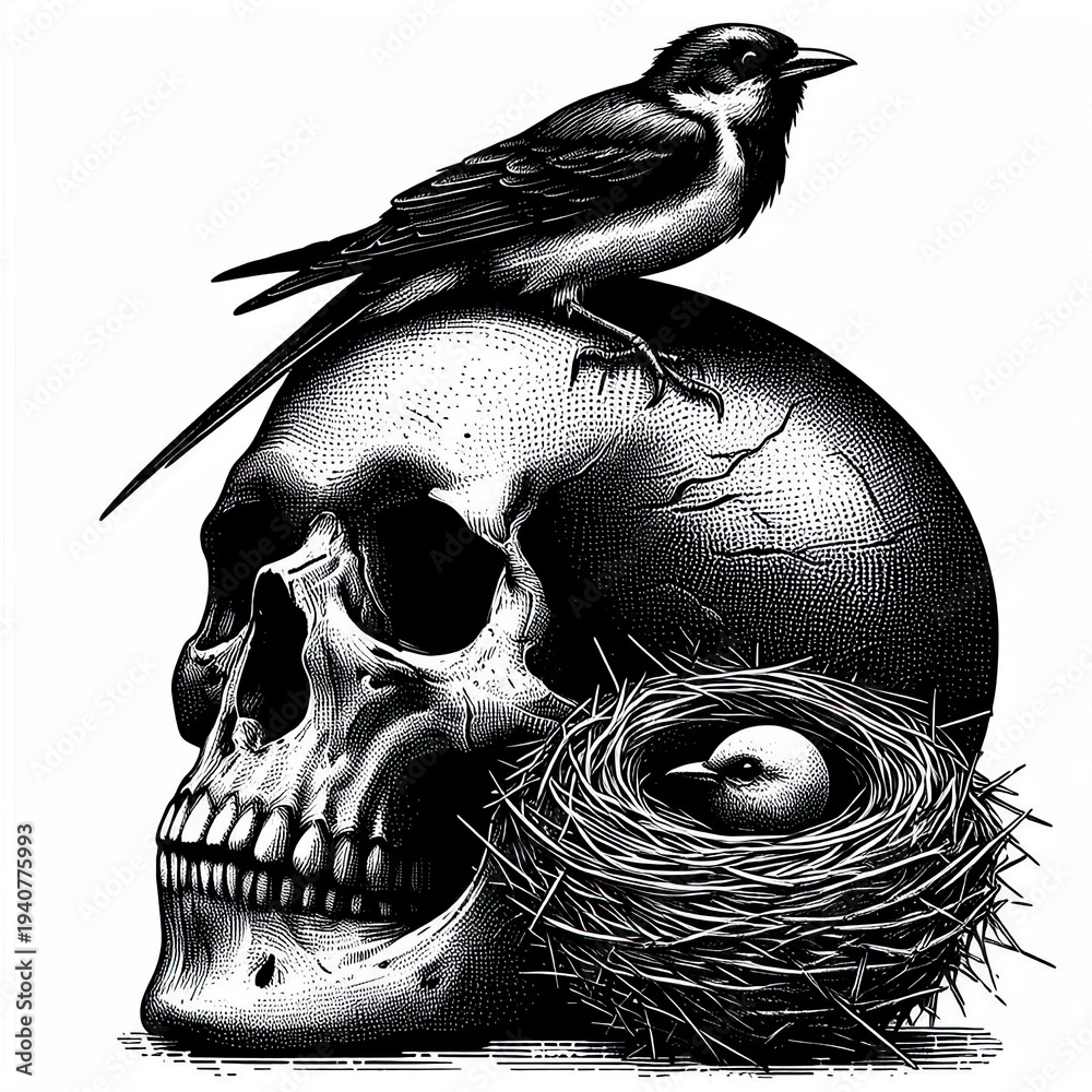 Fototapeta premium Human Skull with Bird Nest