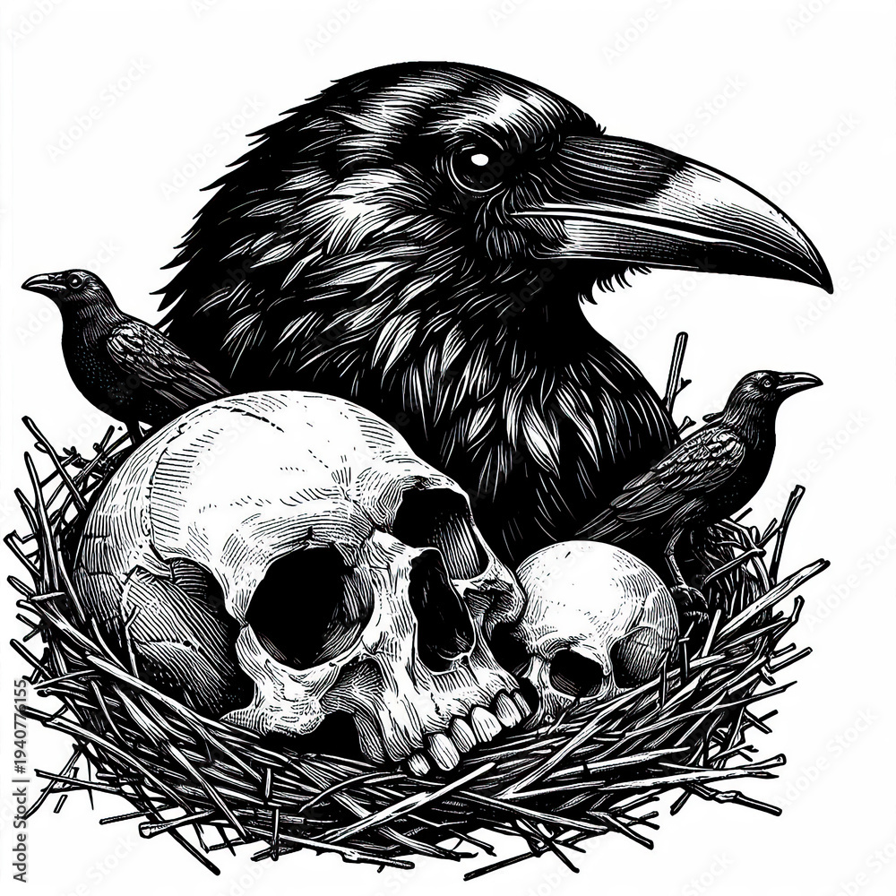 Fototapeta premium Human Skull with Bird Nest