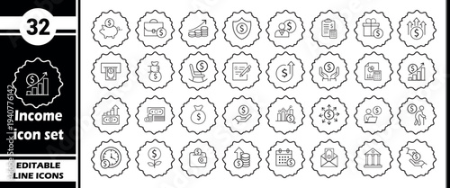 Income Icon Set: Finance, Money, Savings, Investment, Business Growth and Financial Management Icons with Scalloped Edge