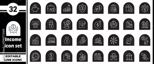 Income Icon Set: Finance, Money, Savings, Investment, Business Growth and Financial Management Icons with Arched Top