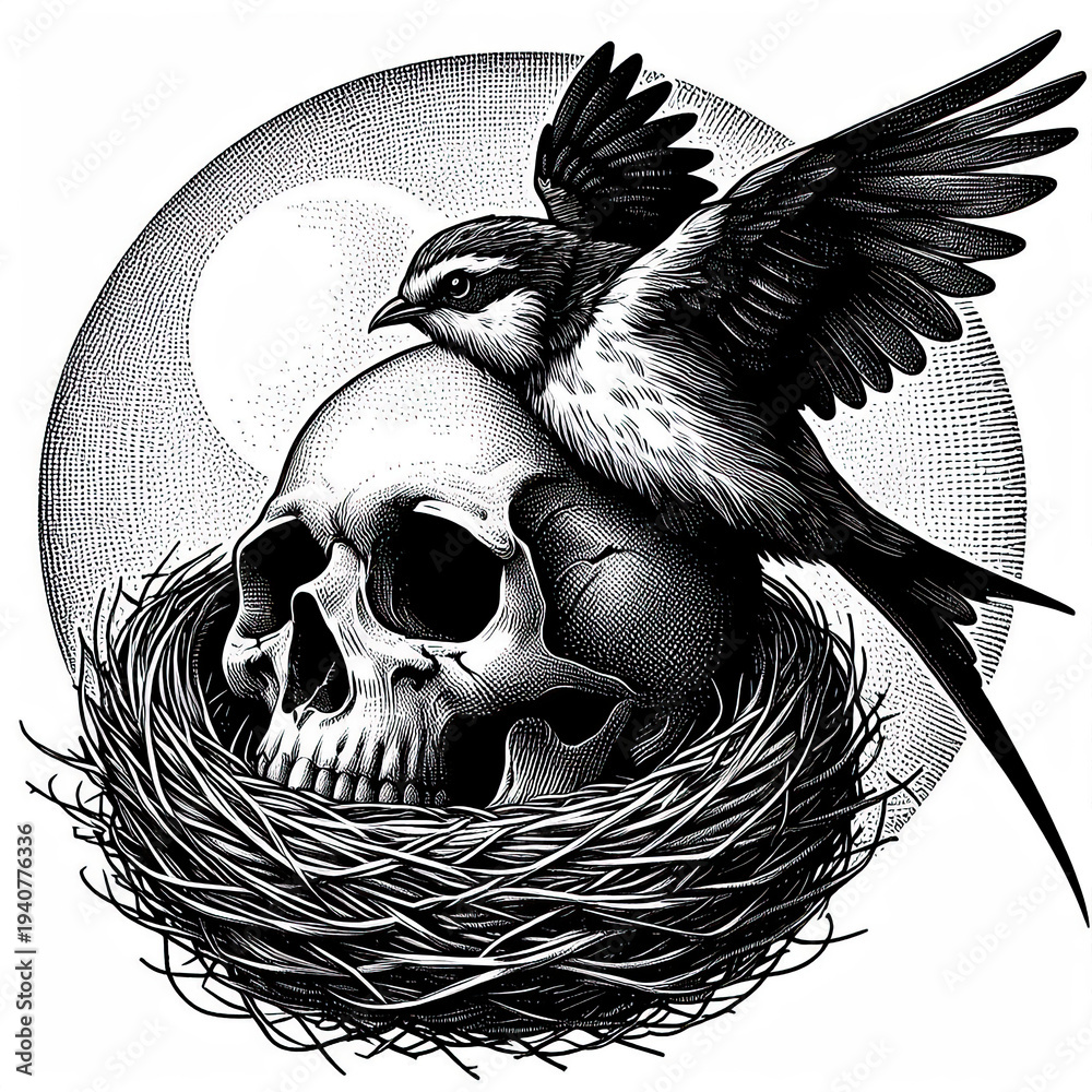 Fototapeta premium Human Skull with Bird Nest