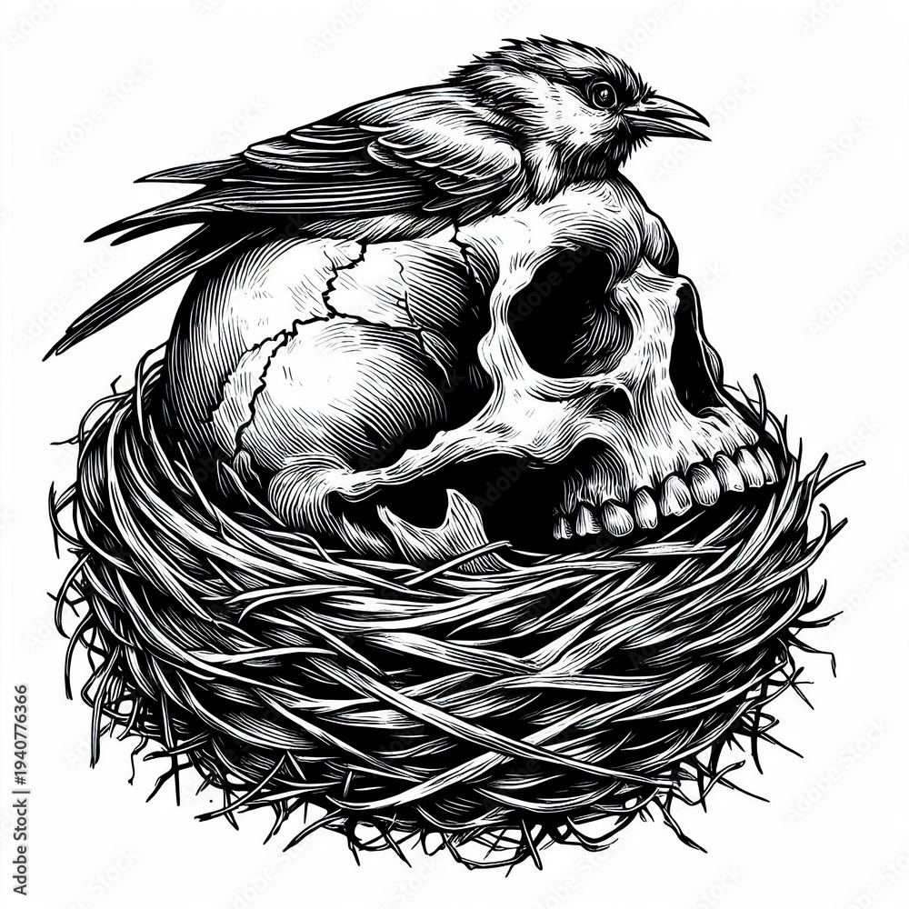 Fototapeta premium Human Skull with Bird Nest