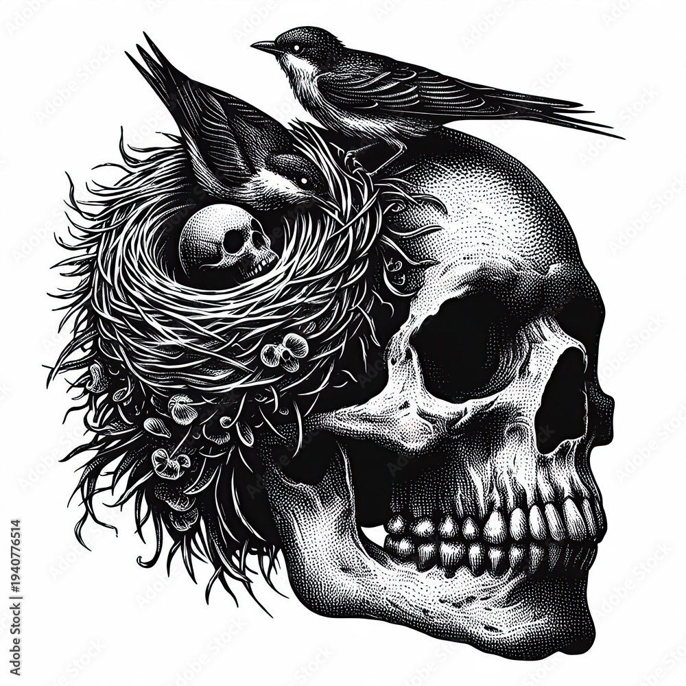 Fototapeta premium Human Skull with Bird Nest