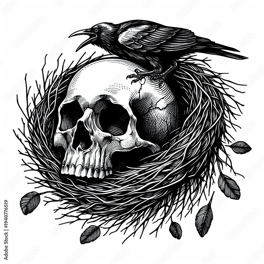 Fototapeta premium Human Skull with Bird Nest