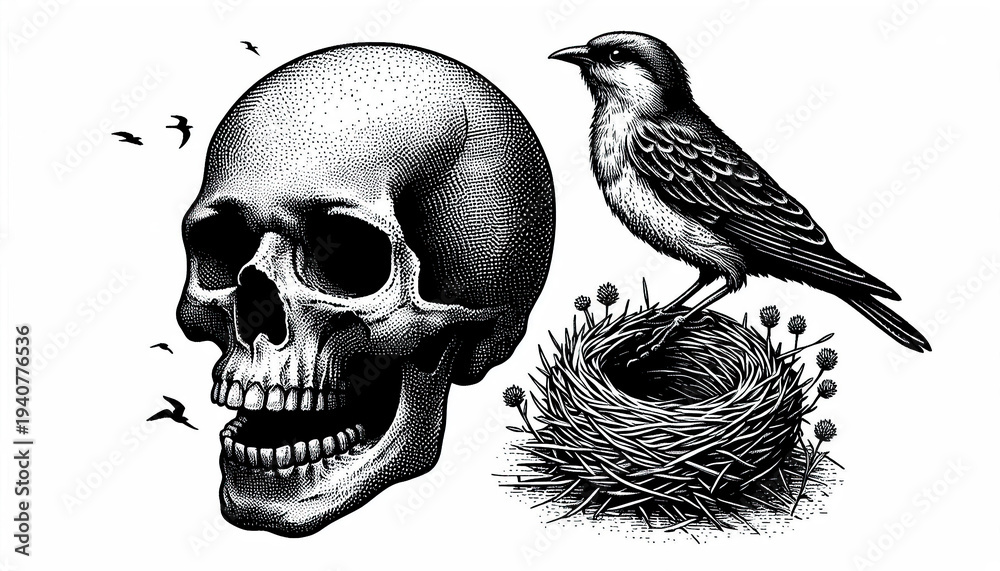 Fototapeta premium Human Skull with Bird Nest