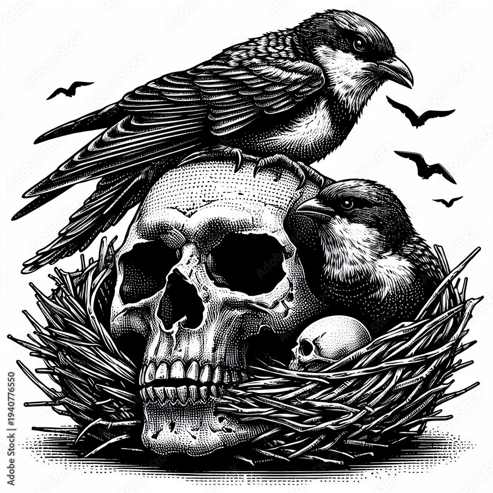 Fototapeta premium Human Skull with Bird Nest