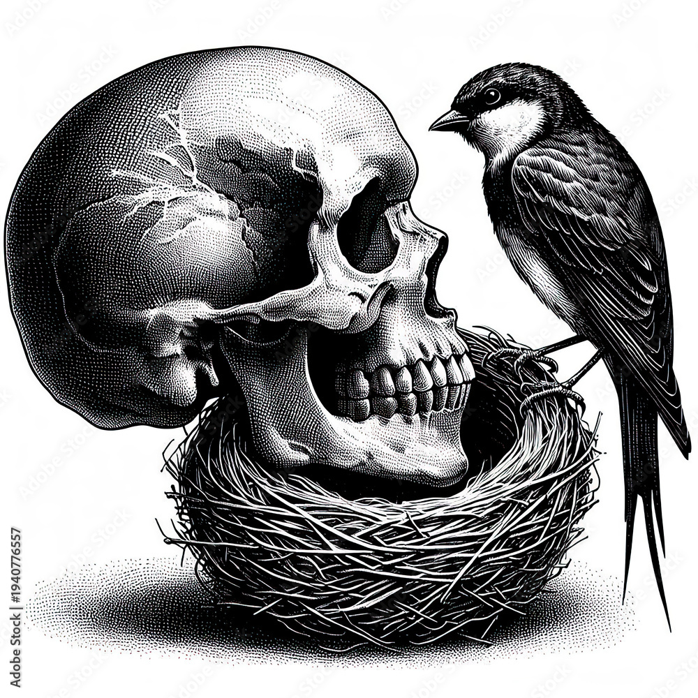 Fototapeta premium Human Skull with Bird Nest