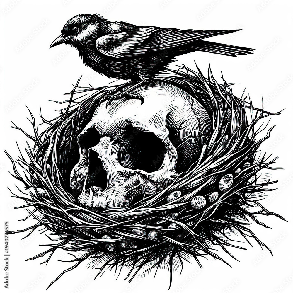Fototapeta premium Human Skull with Bird Nest