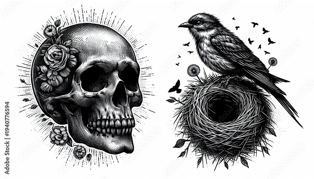 Fototapeta premium Human Skull with Bird Nest