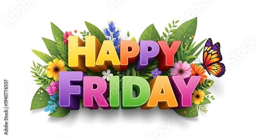 Vibrant happy friday greeting with floral elements and butterfly