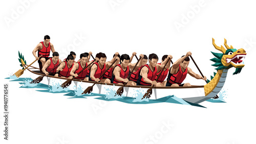 Dragon boat racing team in action with dynamic paddling in geometric art style