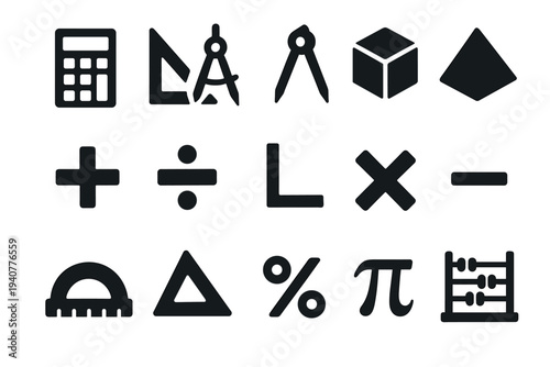 Mathematics icon set featuring flat geometric and arithmetic symbols