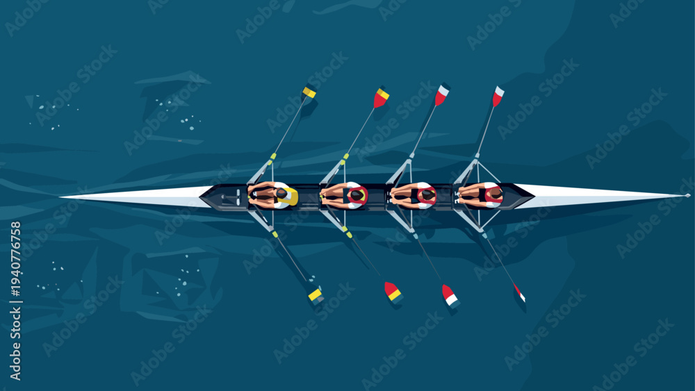 Fototapeta premium Team rowing crew in action on blue water from above in flat design
