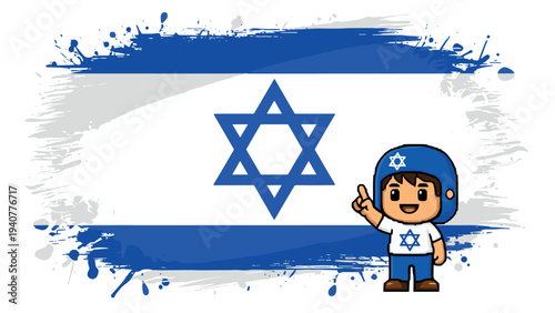 Pixel art character with israeli flag background and star of david