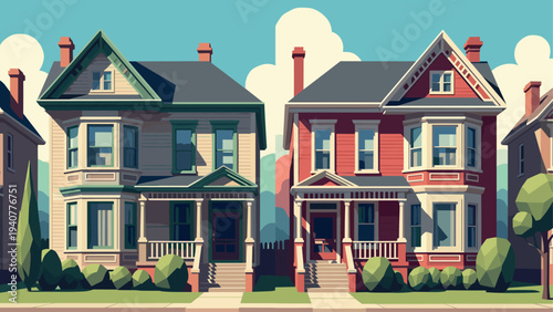 Charming flat design of victorian houses with cloudy sky in vintage style