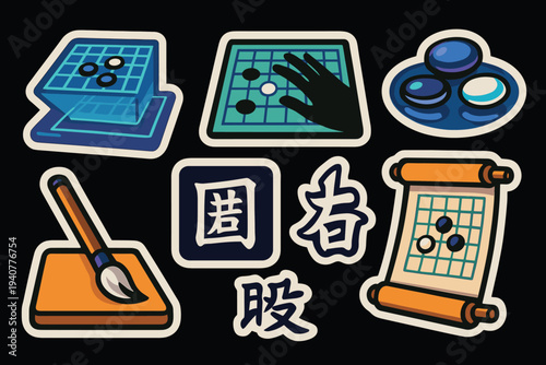Go game cartoon stickers: board, stones, and brushes in dynamic design