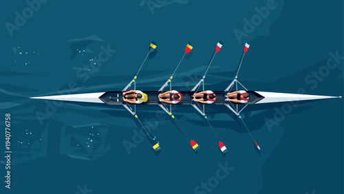 Team rowing crew in action on blue water from above in flat design