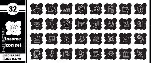 Income Icon Set: Finance, Money, Savings, Investment, Business Growth and Financial Management Icons on Dark Background