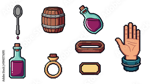 Pixel art magic items collection: potions, ring, barrel, wooden tray, hand