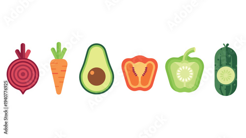 Colorful flat style vegetables collection: onion, carrot, avocado, pepper, and cucumber