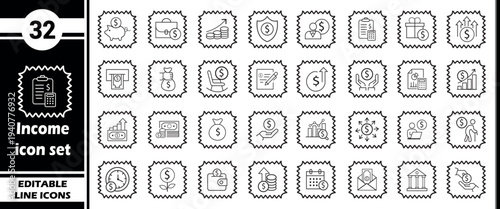 Income Icon Set: Finance, Money, Savings, Investment, Business Growth and Financial Management Icons with Jagged Edges