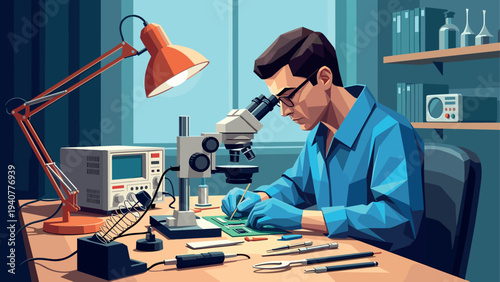 Focused scientist in laboratory with microscope conducting research