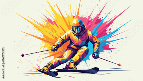 Colorful geometric skiing action with vibrant splashy background