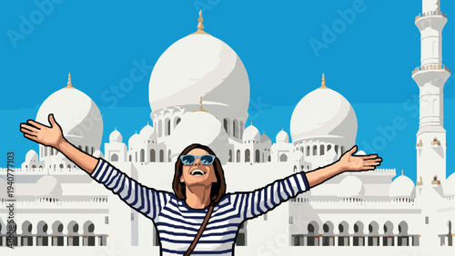 Joyful woman in striped shirt with sunglasses in front of iconic white mosque under clear blue sky