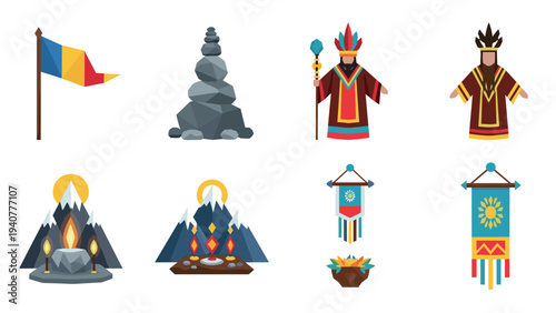 Flat tribal elements set with traditional costumes and ceremonial symbols
