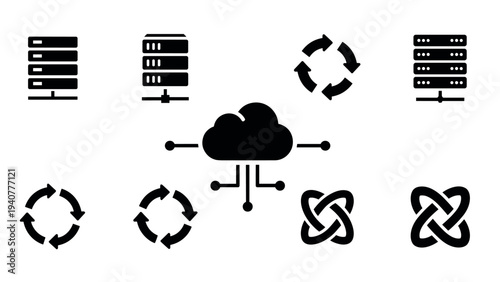 Black silhouette icons of cloud technology and server connections in minimalist design