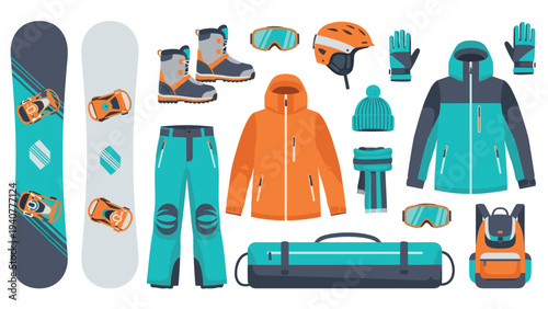 Winter sports gear collection with snowboards and apparel in modern flat design