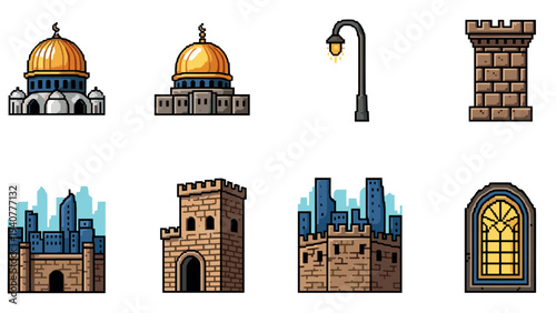 Pixel art architectural icons set with buildings, towers, and lamp
